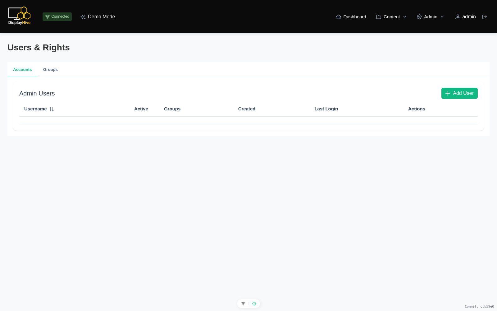 Accounts tab listing admin accounts with active toggles