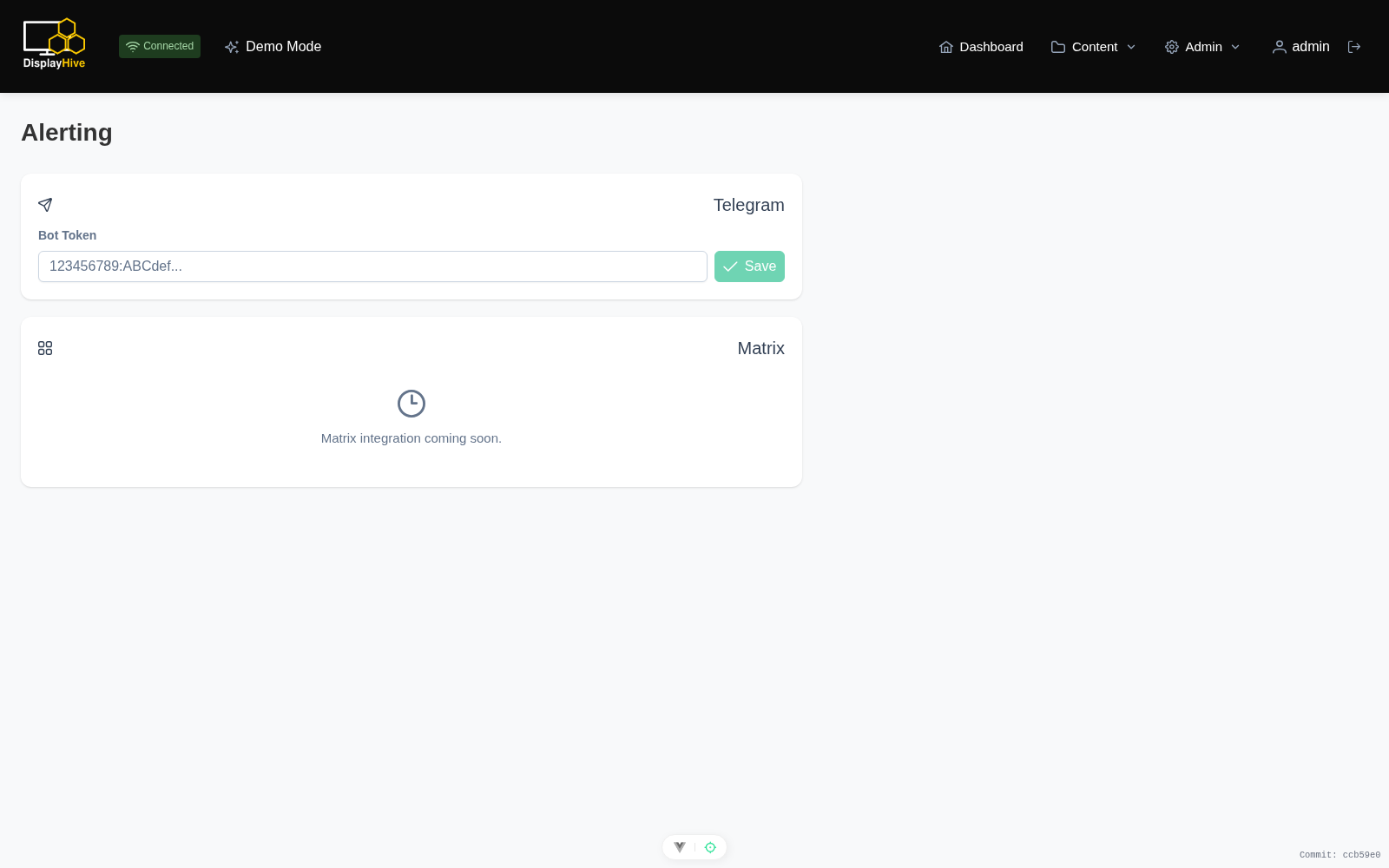 Alerting page with Telegram bot token configuration