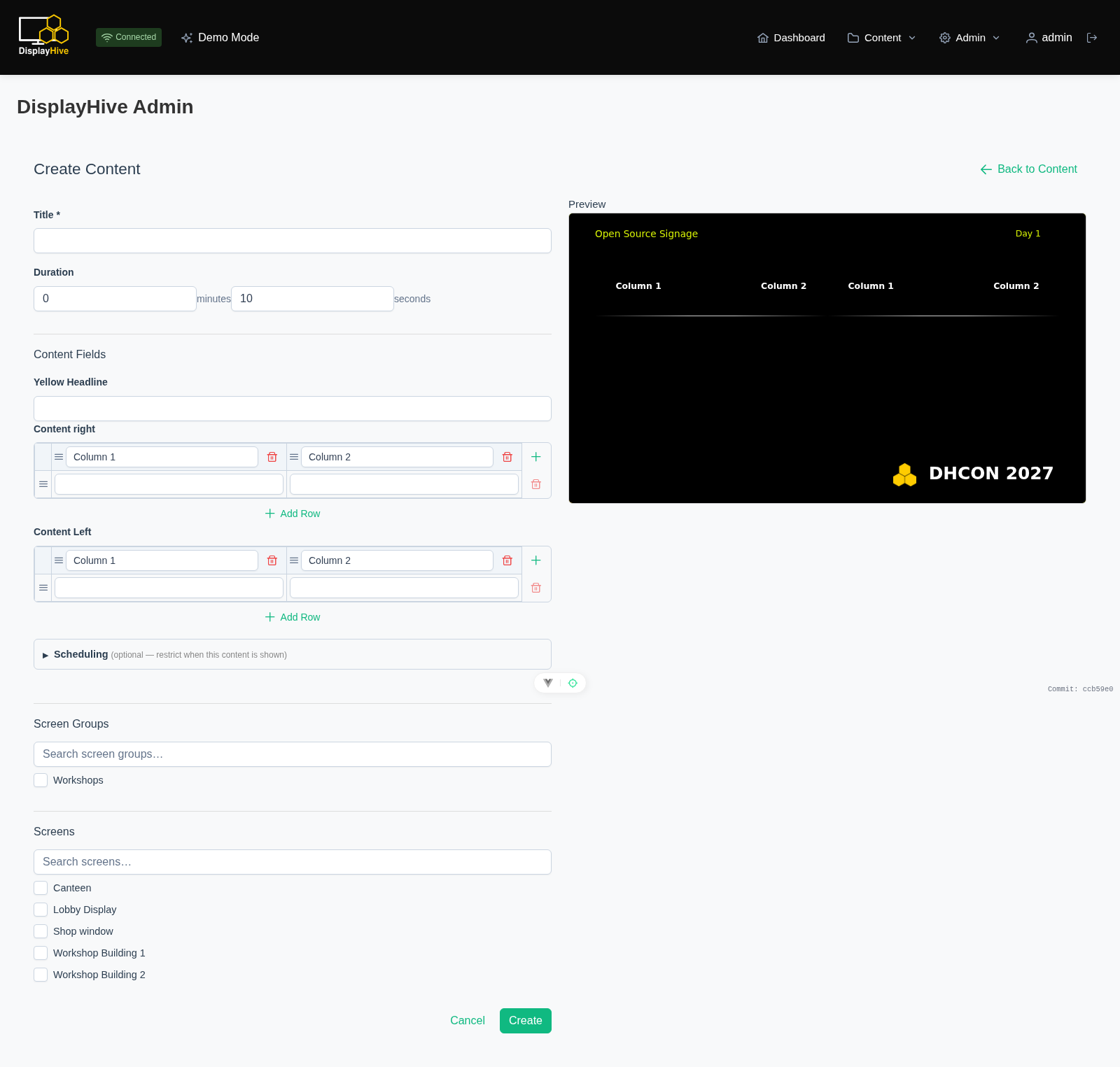 Content creation dialog with fields, duration, and a live preview
