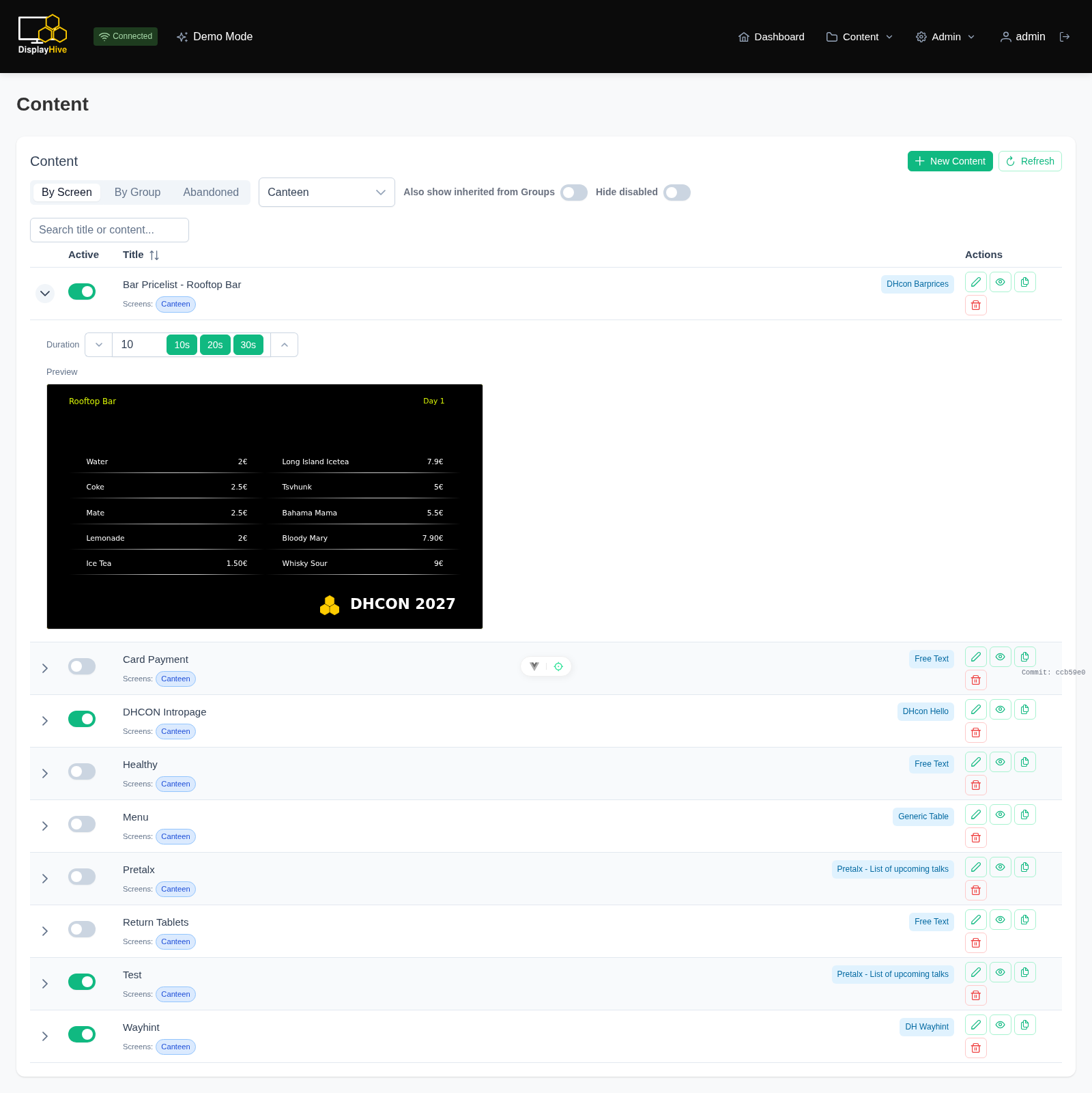 An expanded content row showing its live scaled-down preview