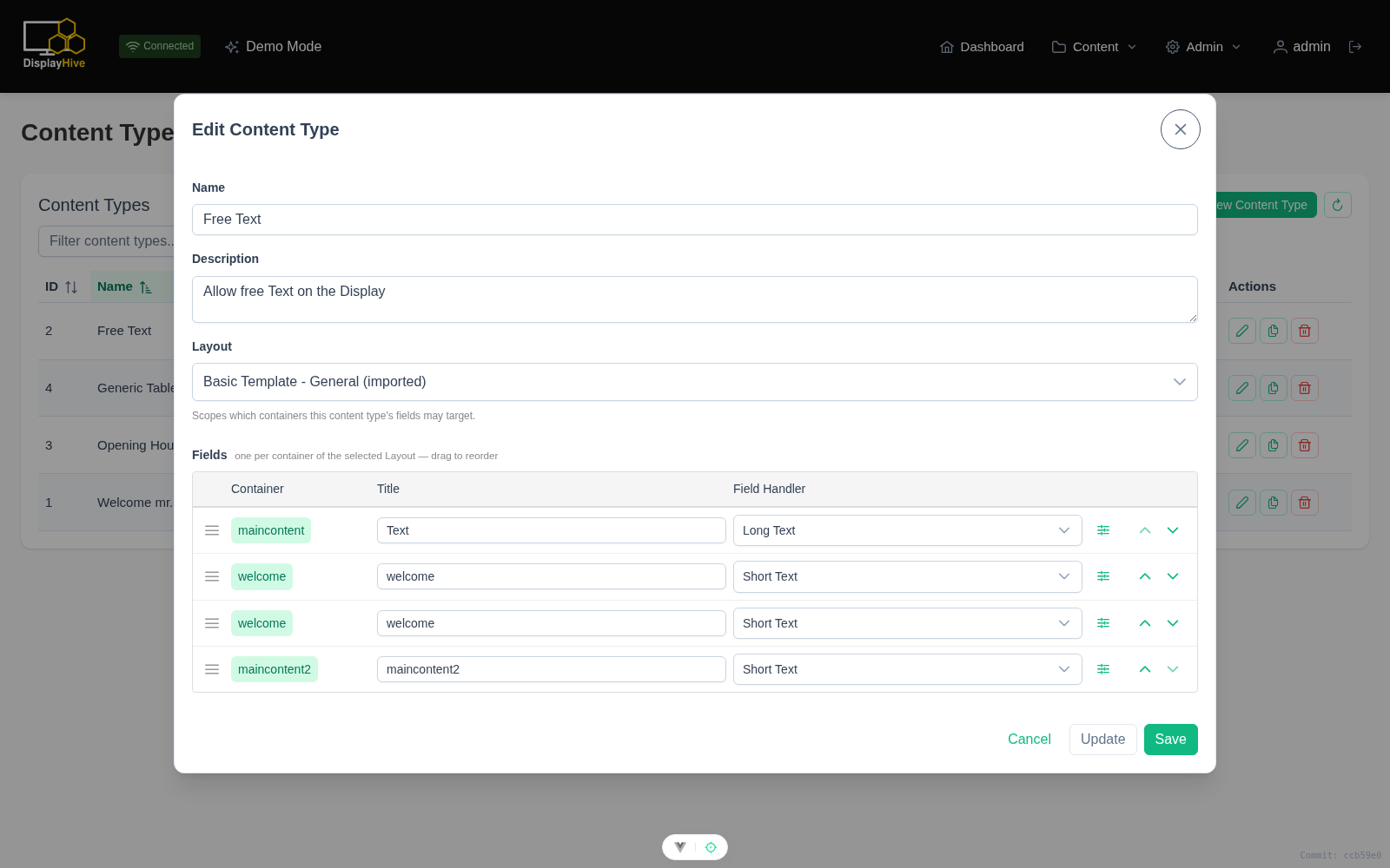 Content Type editor showing the field list and layout binding