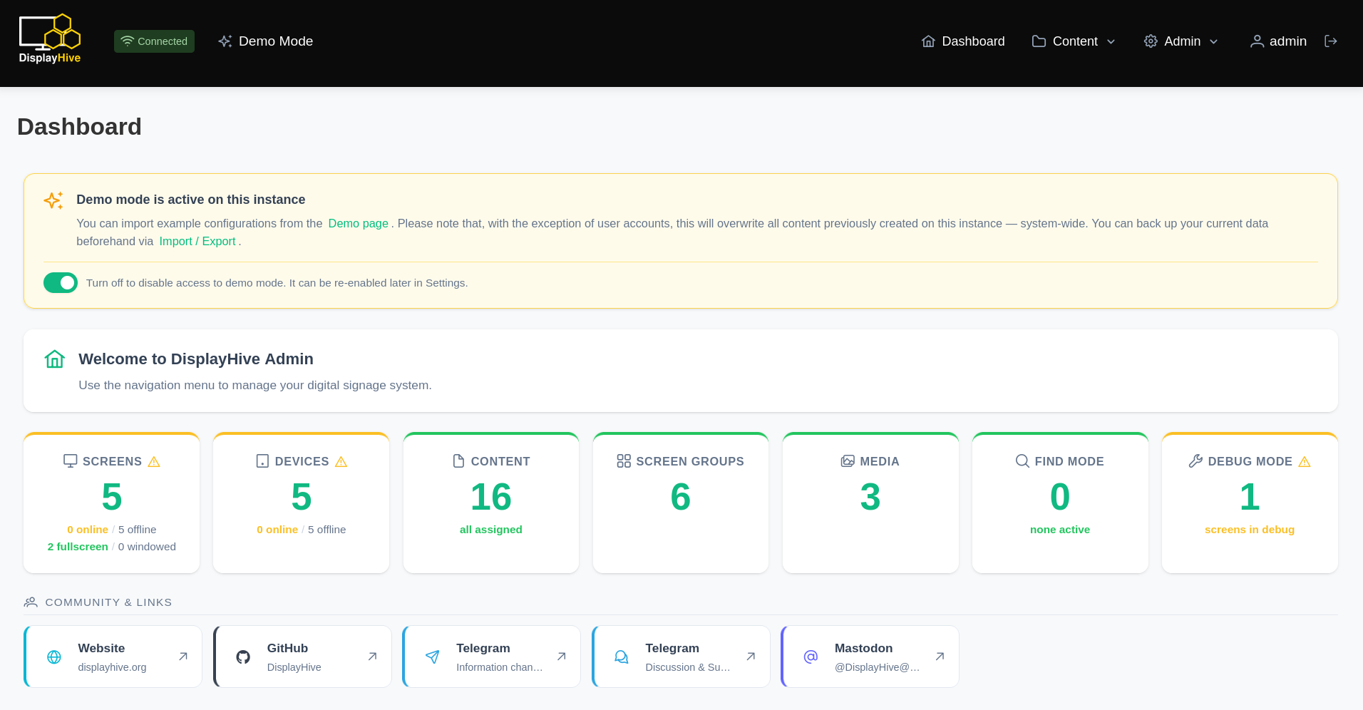 The admin panel landing view right after login