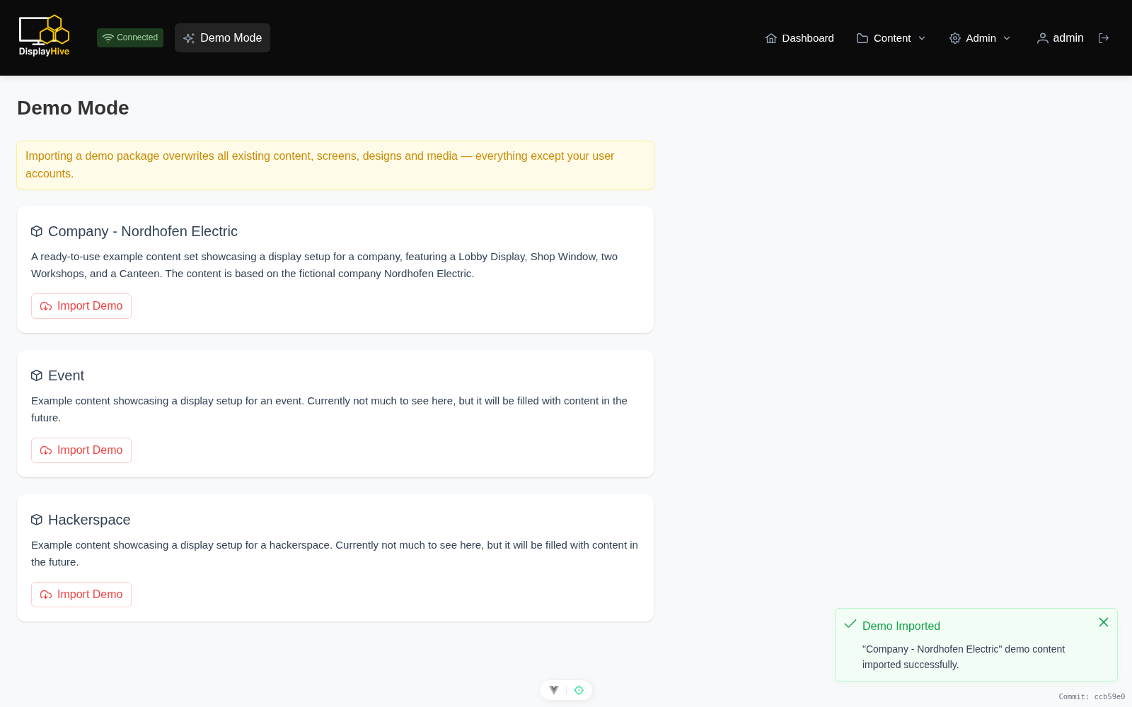 Demo Mode page after importing an example content package