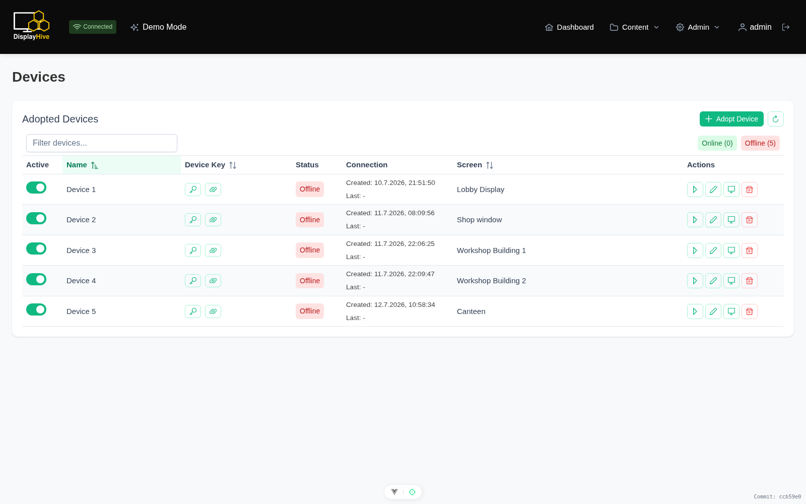 Devices page listing adopted devices and their online status
