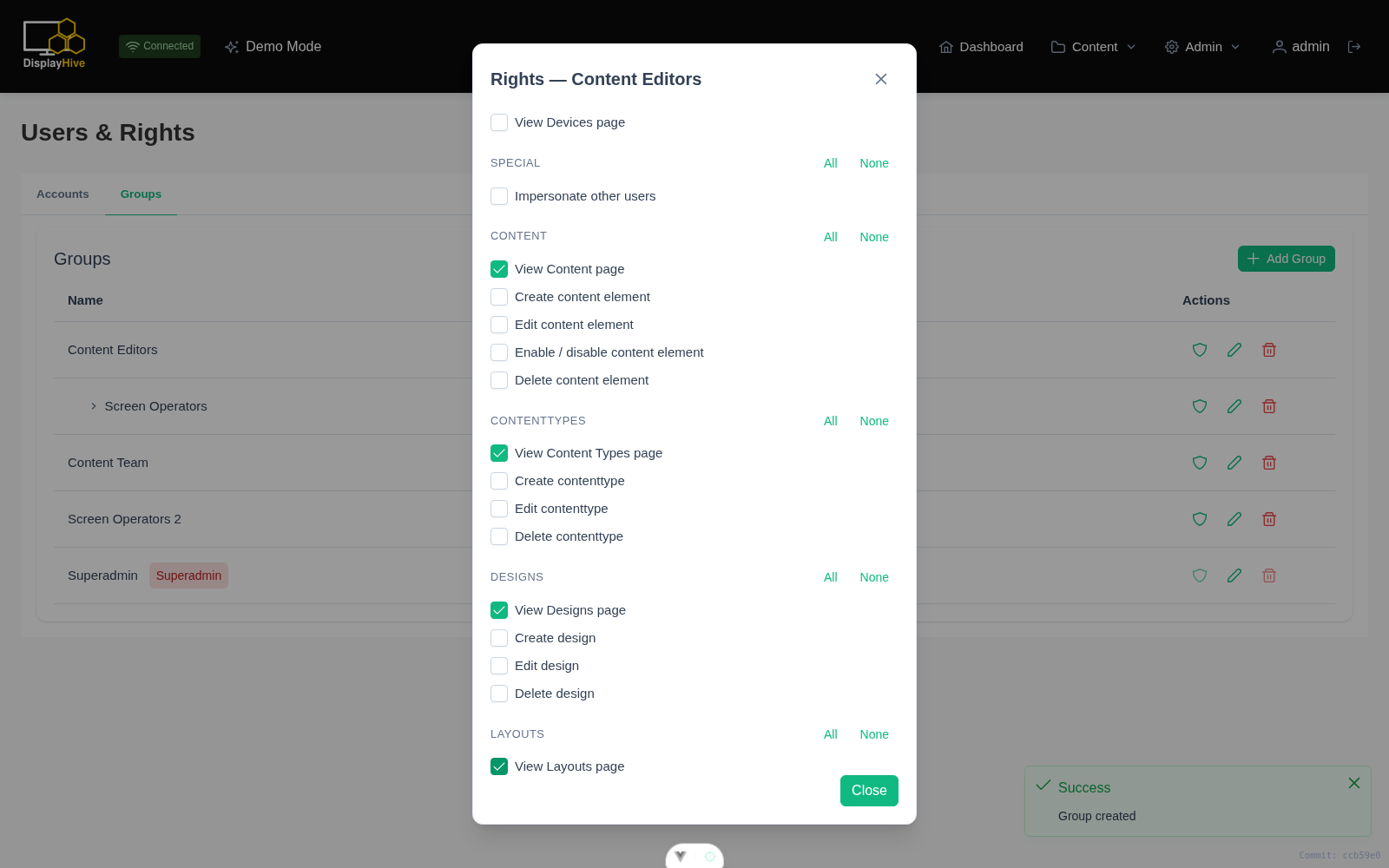 Groups tab showing a nested group and its granted rights