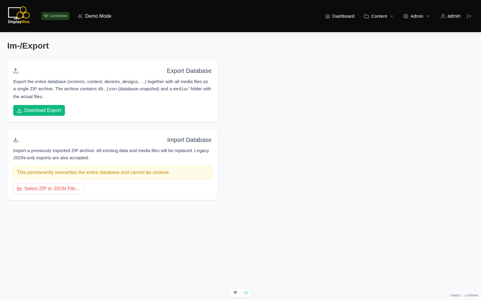 Import/Export page with export and import options
