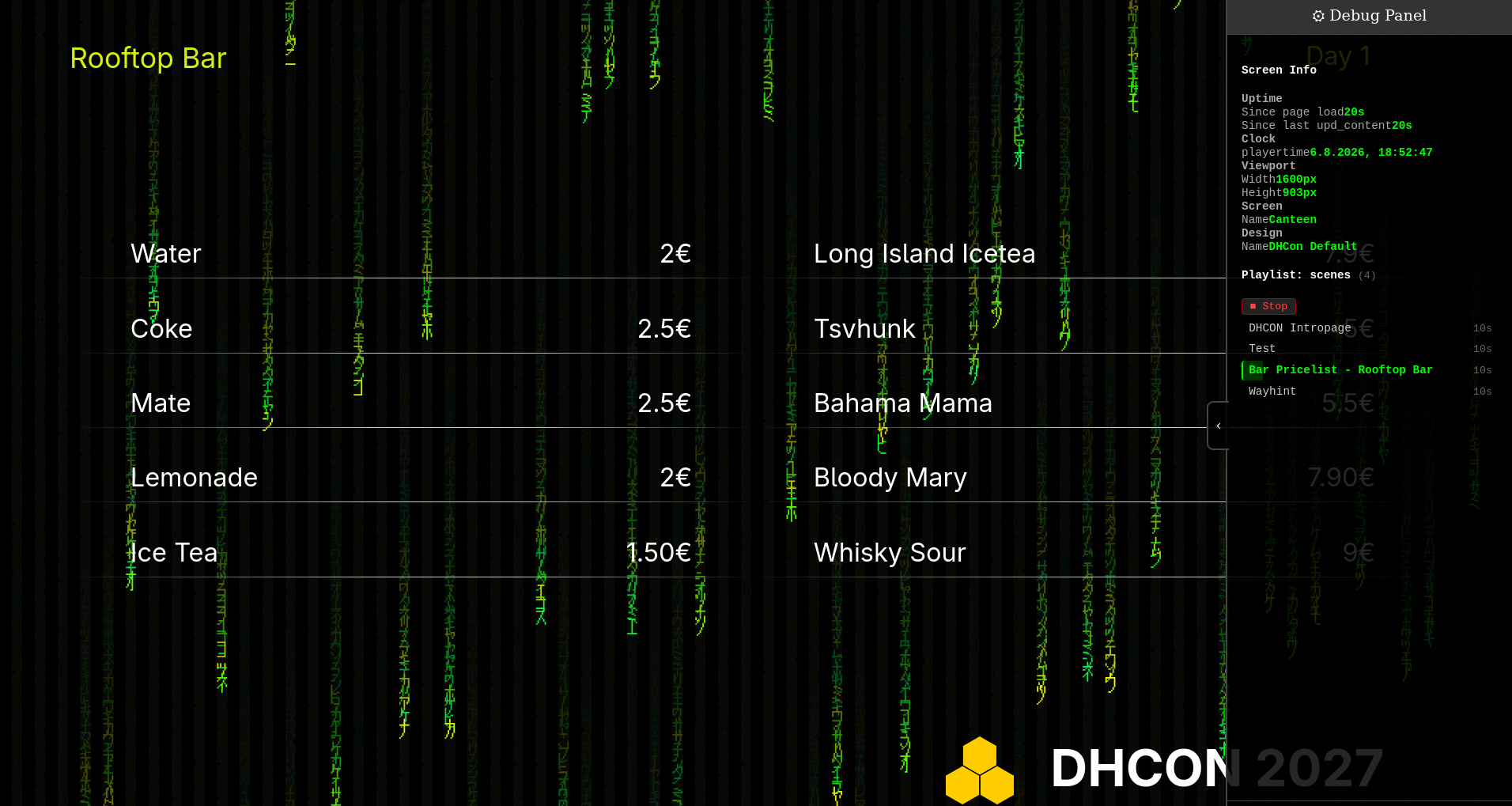 A real screen rendering live content, with the debug panel showing screen info and the active playlist