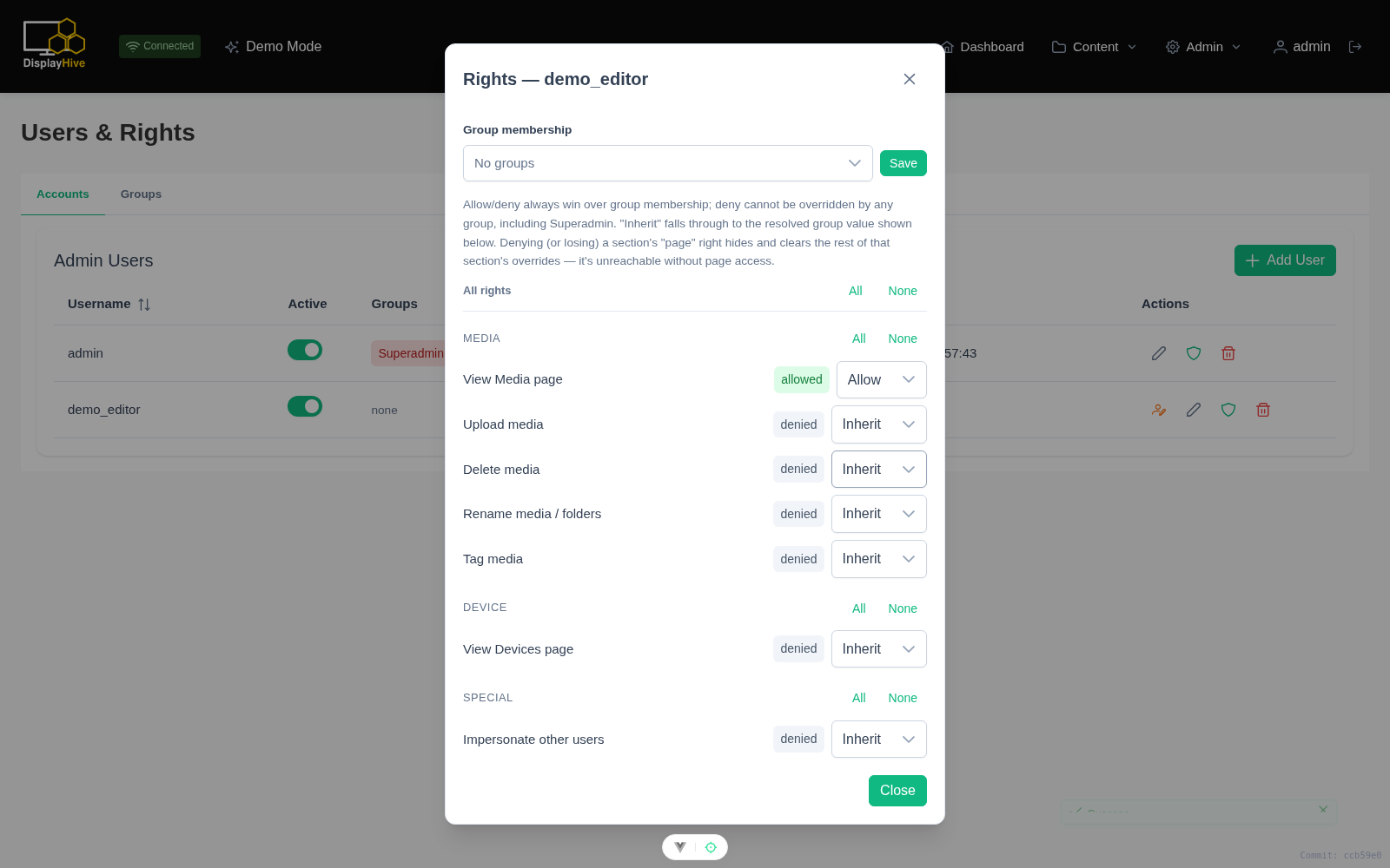 A user account with a per-user right override set to allow